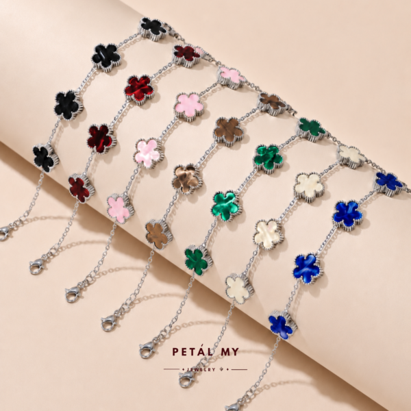 (PETALMY) LUNA FLOWER BRACELET WITH MARBLE DOUBLE SIDED FIVE LEAF CLOVER BRACELET STAINLESS STEEL GOLD PLATED