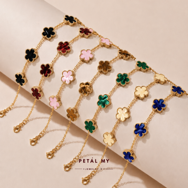 (PETALMY) LUNA FLOWER BRACELET WITH MARBLE DOUBLE SIDED FIVE LEAF CLOVER BRACELET STAINLESS STEEL GOLD PLATED