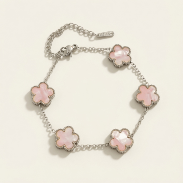 (PETALMY) LUNA FLOWER BRACELET WITH MARBLE DOUBLE SIDED FIVE LEAF CLOVER BRACELET STAINLESS STEEL GOLD PLATED