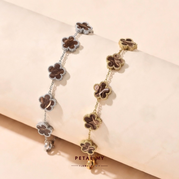 (PETALMY) LUNA FLOWER BRACELET WITH MARBLE DOUBLE SIDED FIVE LEAF CLOVER BRACELET STAINLESS STEEL GOLD PLATED