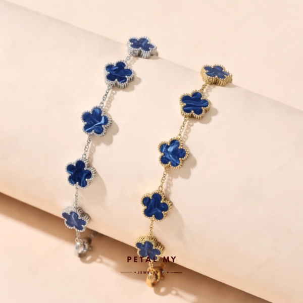 (PETALMY) LUNA FLOWER BRACELET WITH MARBLE DOUBLE SIDED FIVE LEAF CLOVER BRACELET STAINLESS STEEL GOLD PLATED