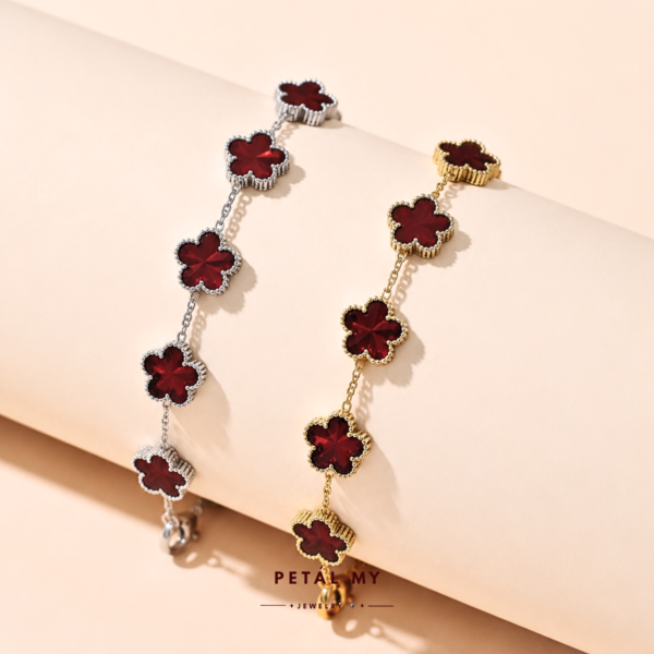 (PETALMY) LUNA FLOWER BRACELET WITH MARBLE DOUBLE SIDED FIVE LEAF CLOVER BRACELET STAINLESS STEEL GOLD PLATED