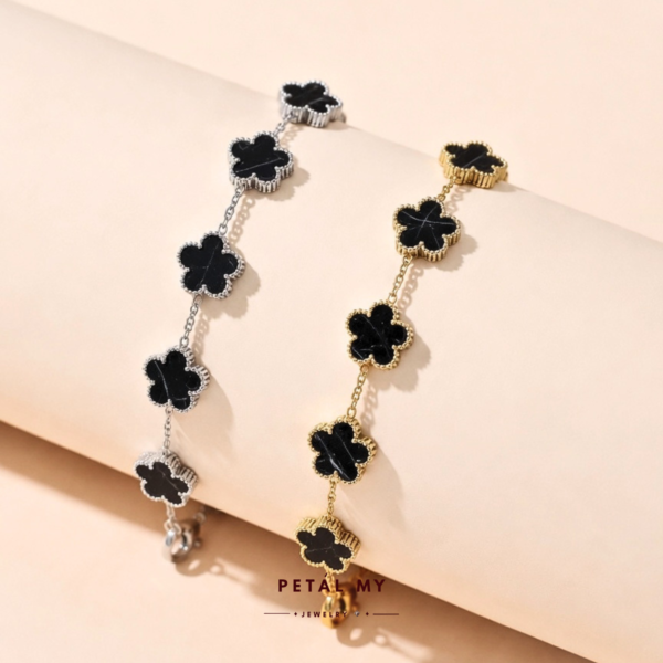 (PETALMY) LUNA FLOWER BRACELET WITH MARBLE DOUBLE SIDED FIVE LEAF CLOVER BRACELET STAINLESS STEEL GOLD PLATED