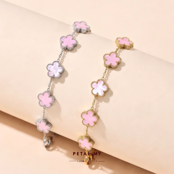 (PETALMY) LUNA FLOWER BRACELET WITH MARBLE DOUBLE SIDED FIVE LEAF CLOVER BRACELET STAINLESS STEEL GOLD PLATED