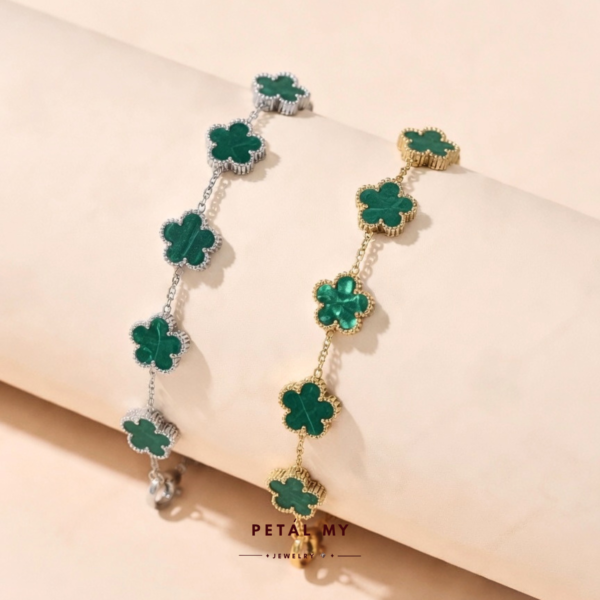 (PETALMY) LUNA FLOWER BRACELET WITH MARBLE DOUBLE SIDED FIVE LEAF CLOVER BRACELET STAINLESS STEEL GOLD PLATED